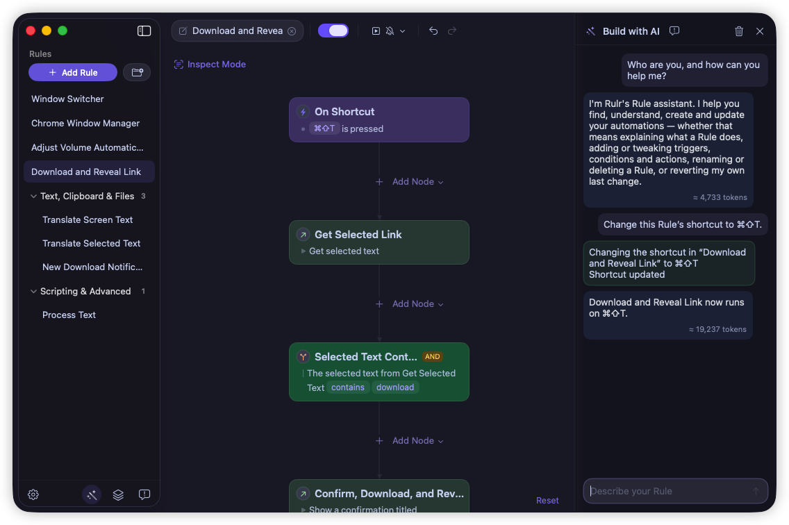 Rulr AI assistant updating a Rule shortcut through chat in dark mode