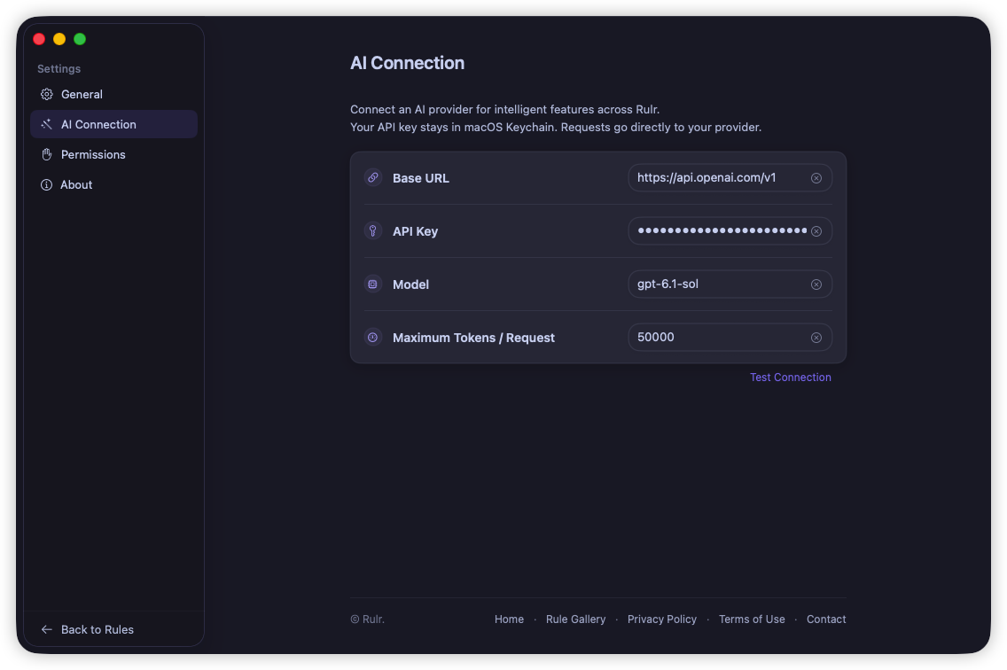 Rulr AI Connection settings in dark mode