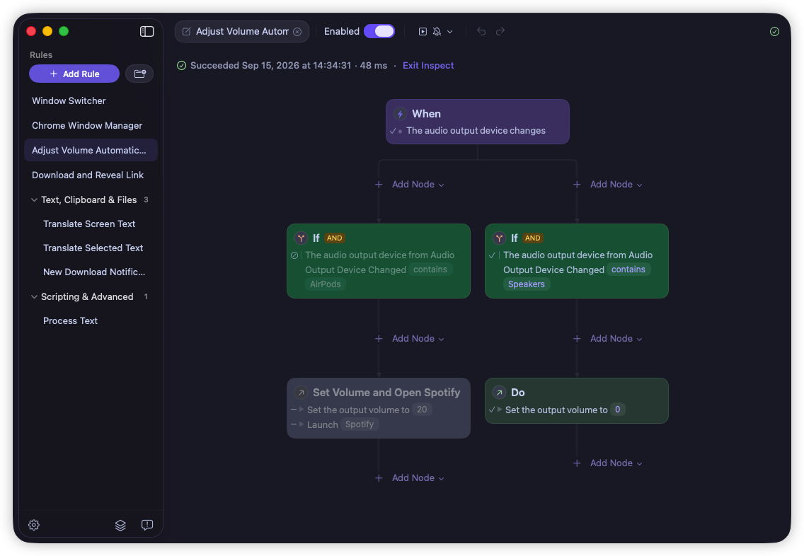 Rulr Audio Device Setup Rule execution in dark mode