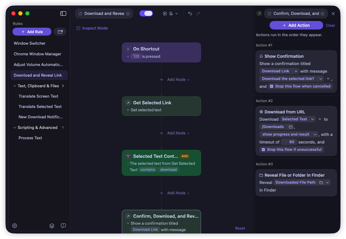 Rulr Download and Reveal Link Rule actions in dark mode