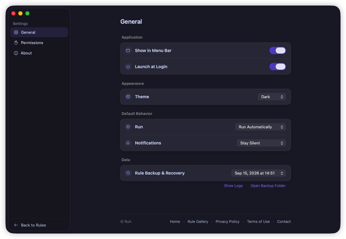 Rulr General settings in dark mode