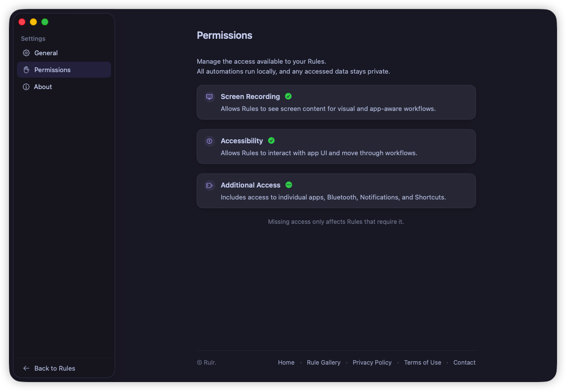 Rulr Permissions settings in dark mode