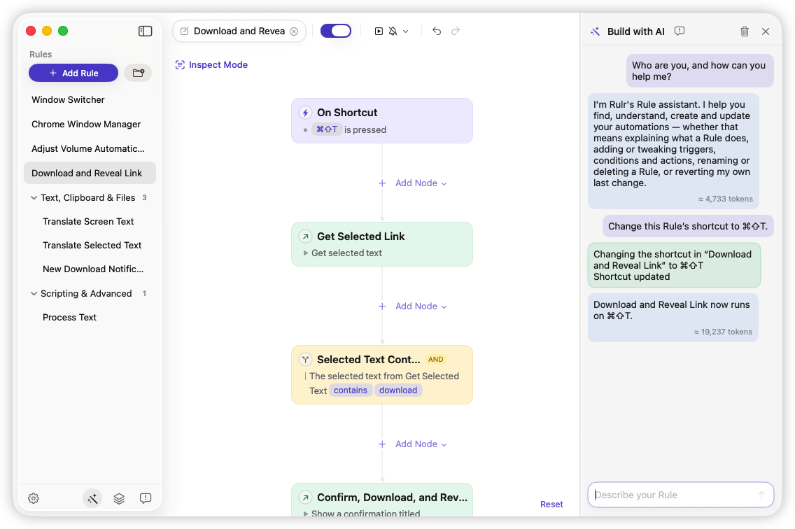 Rulr AI assistant updating a Rule shortcut through chat in light mode