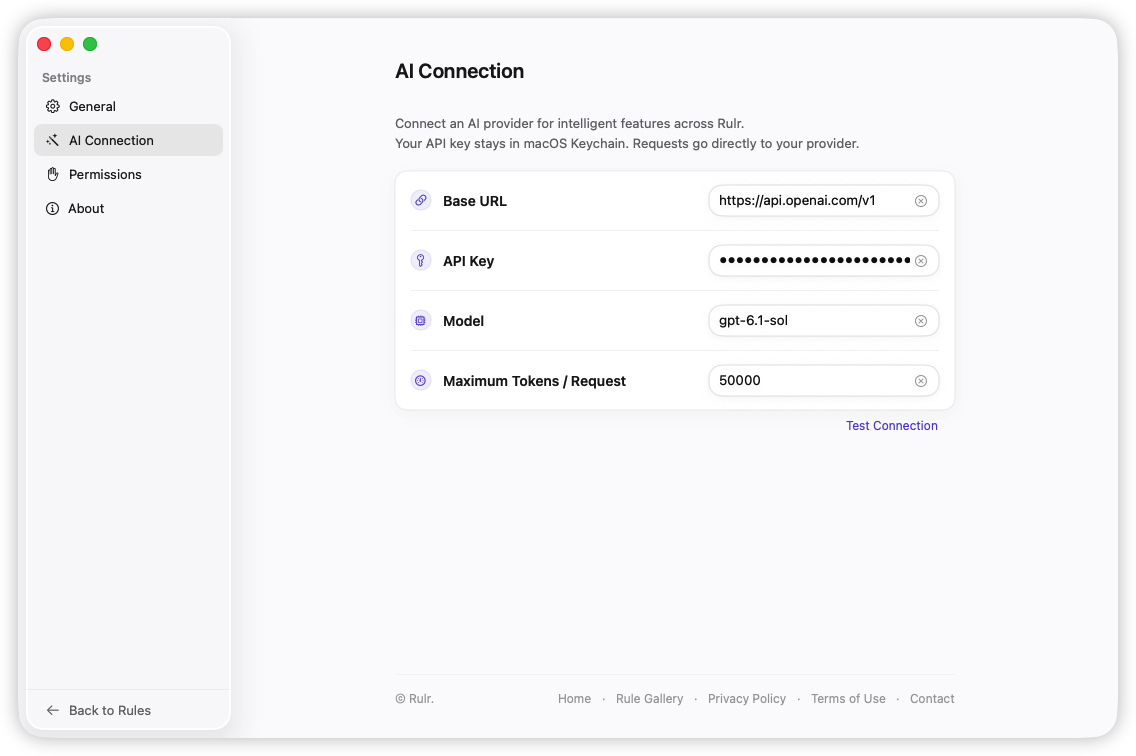 Rulr AI Connection settings in light mode