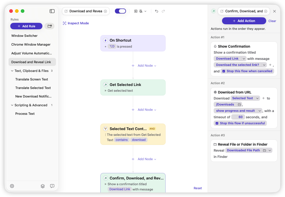 Rulr Download and Reveal Link Rule actions in light mode