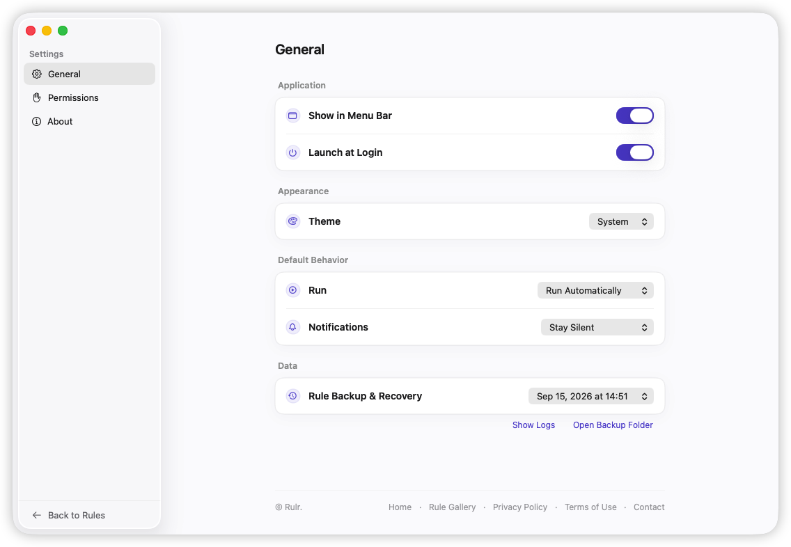 Rulr General settings in light mode