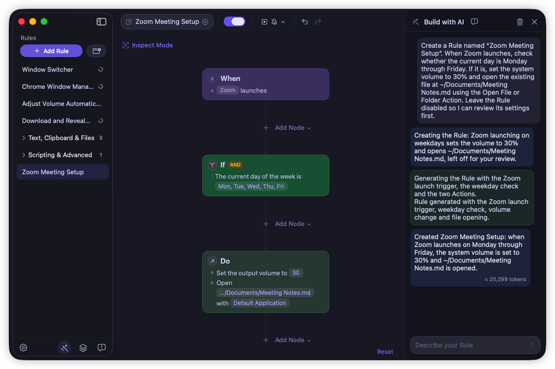 AI Builder creating Zoom Meeting Setup: when Zoom launches on weekdays, set the volume to 30% and open the Meeting Notes.md file, in dark mode