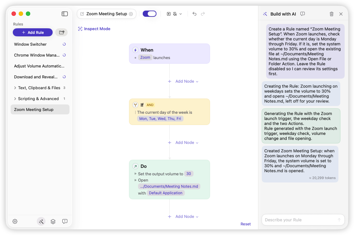 AI Builder creating Zoom Meeting Setup: when Zoom launches on weekdays, set the volume to 30% and open the Meeting Notes.md file
