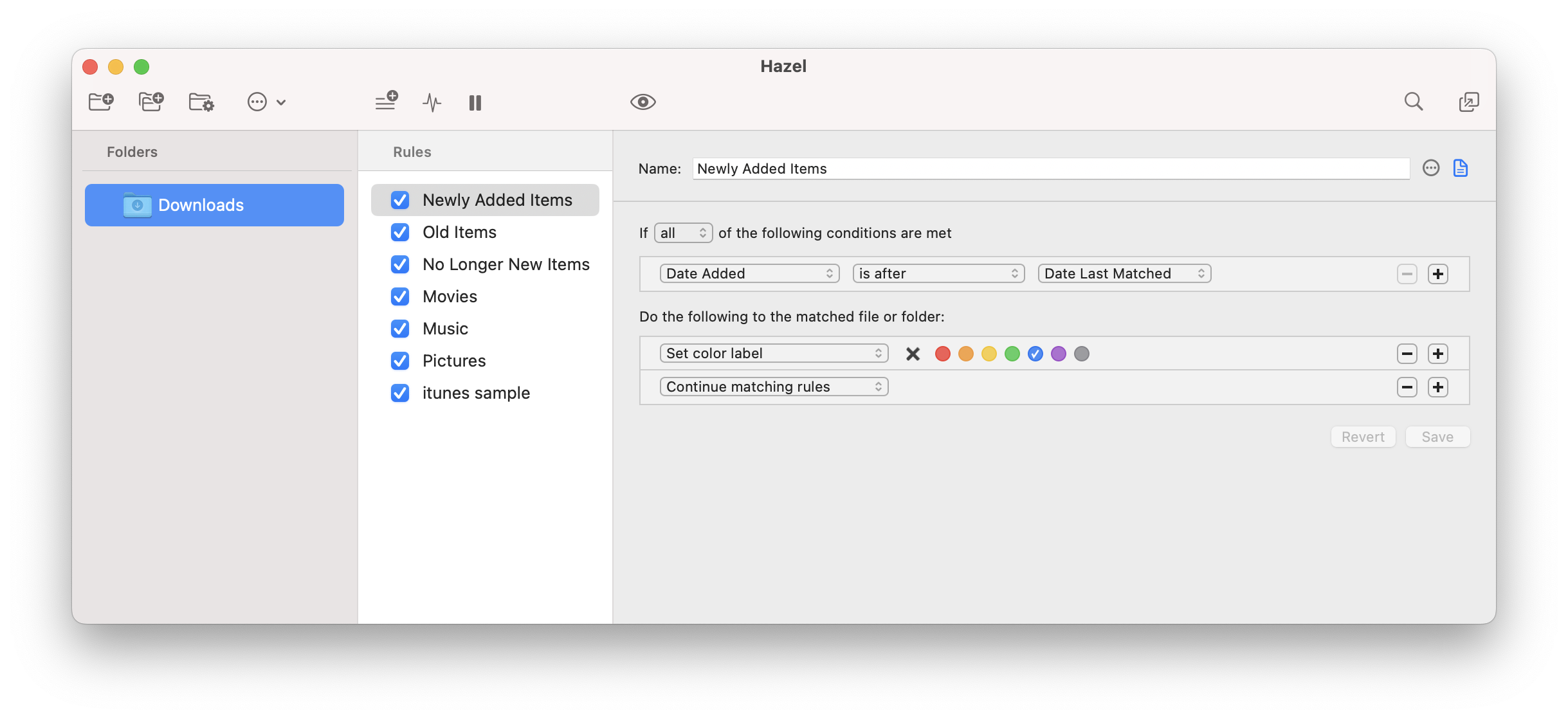 Hazel Downloads folder with the Newly Added Items rule selected, comparing Date Added with Date Last Matched, setting a color label, and continuing to match rules