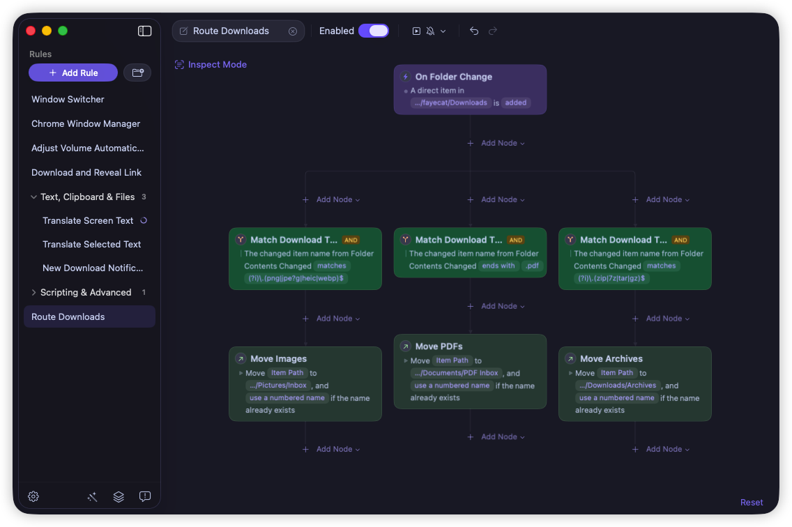Rulr Route Downloads Rule in dark mode showing a folder-added Trigger and three filename branches that move images, PDFs, and archives to separate folders
