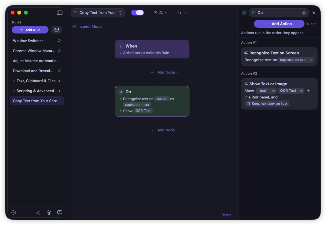 Rulr screen OCR Rule in dark mode with a Shell Script Trigger, capture on run, and OCR Text displayed in a panel