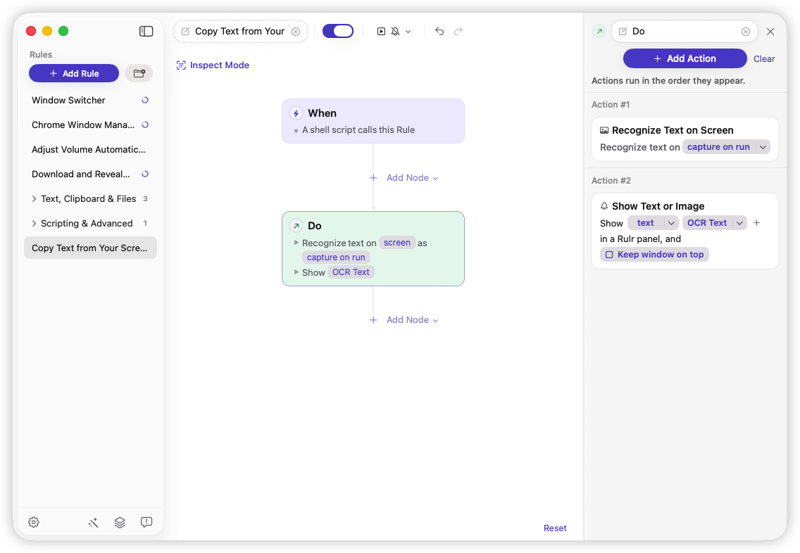 Rulr screen OCR Rule with a Shell Script Trigger, Recognize Text on Screen set to capture on run, and Show Text or Image connected to OCR Text